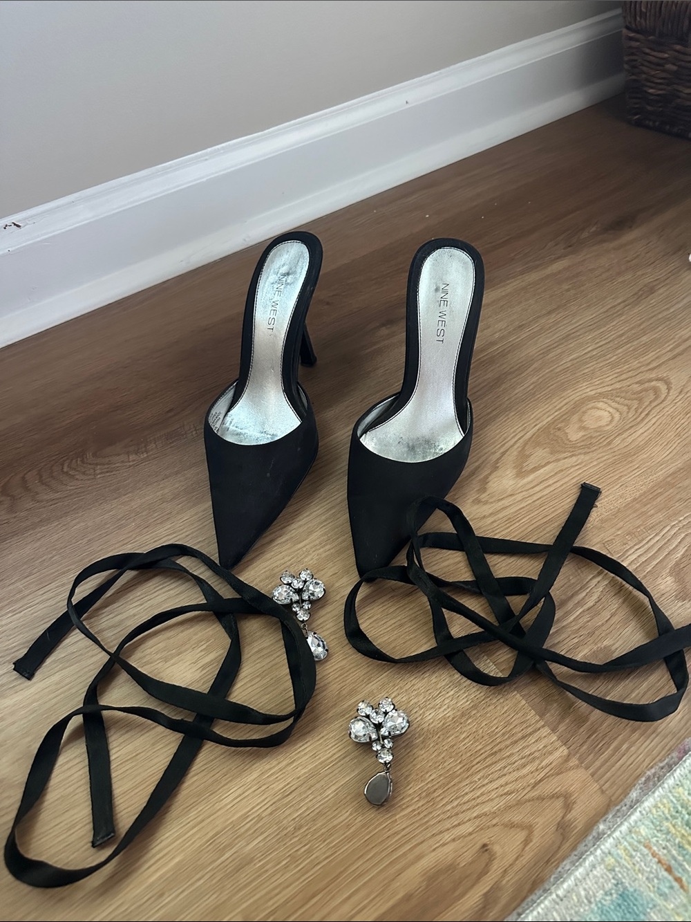 Nine West Black Pointed-Toe Lace-Up Mule Heels with Rhinestone Charms